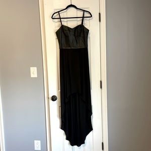 BCBGMaxAzria Black Faux Leather Bodice Strappy Sleevell High Low Gown